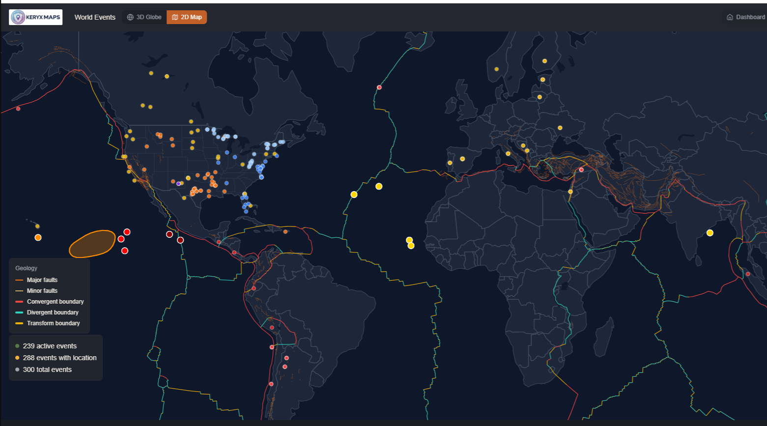 Keryx Maps 2D world map showing current hazard events as colored markers, with fault lines and tectonic plate boundaries