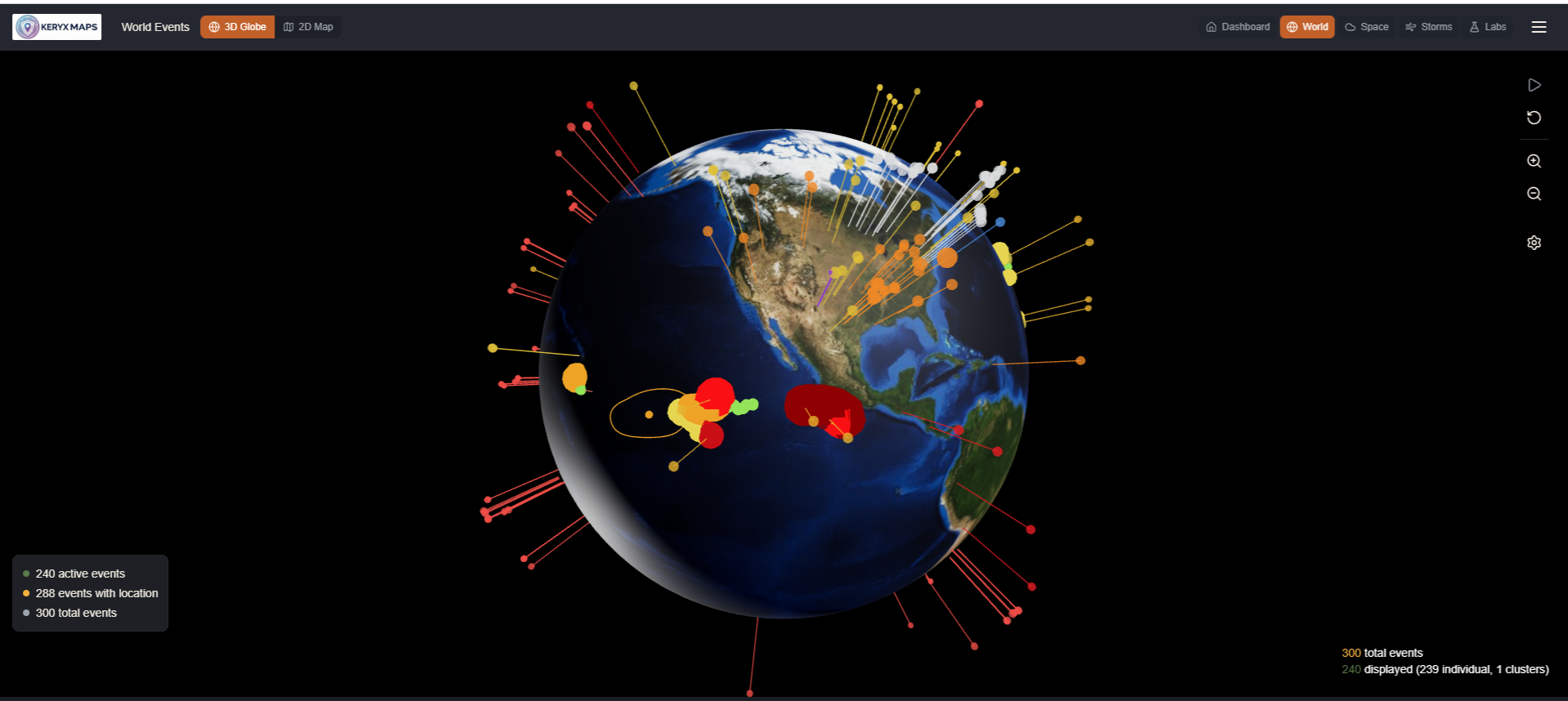 Keryx Maps 3D globe centred on North America and the Pacific, with current events shown as raised markers
