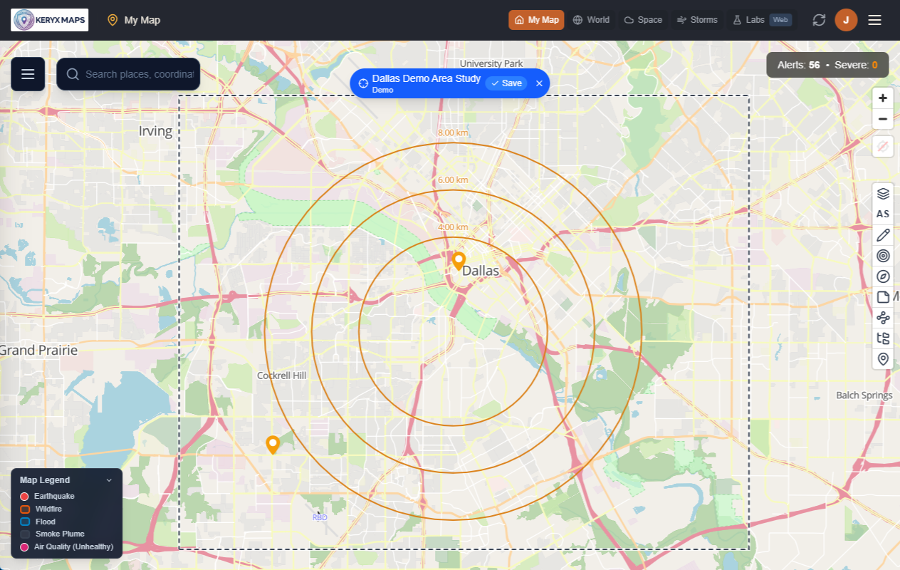 An Area Study in the Keryx Maps desktop app over downtown Dallas, with the study area outlined, 4, 6 and 8 km range rings, and pins