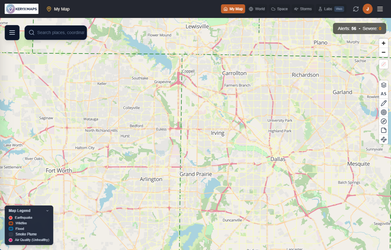 The Keryx Maps desktop app map of the Dallas–Fort Worth area, with the search bar, the current alert count, the map tools and the legend