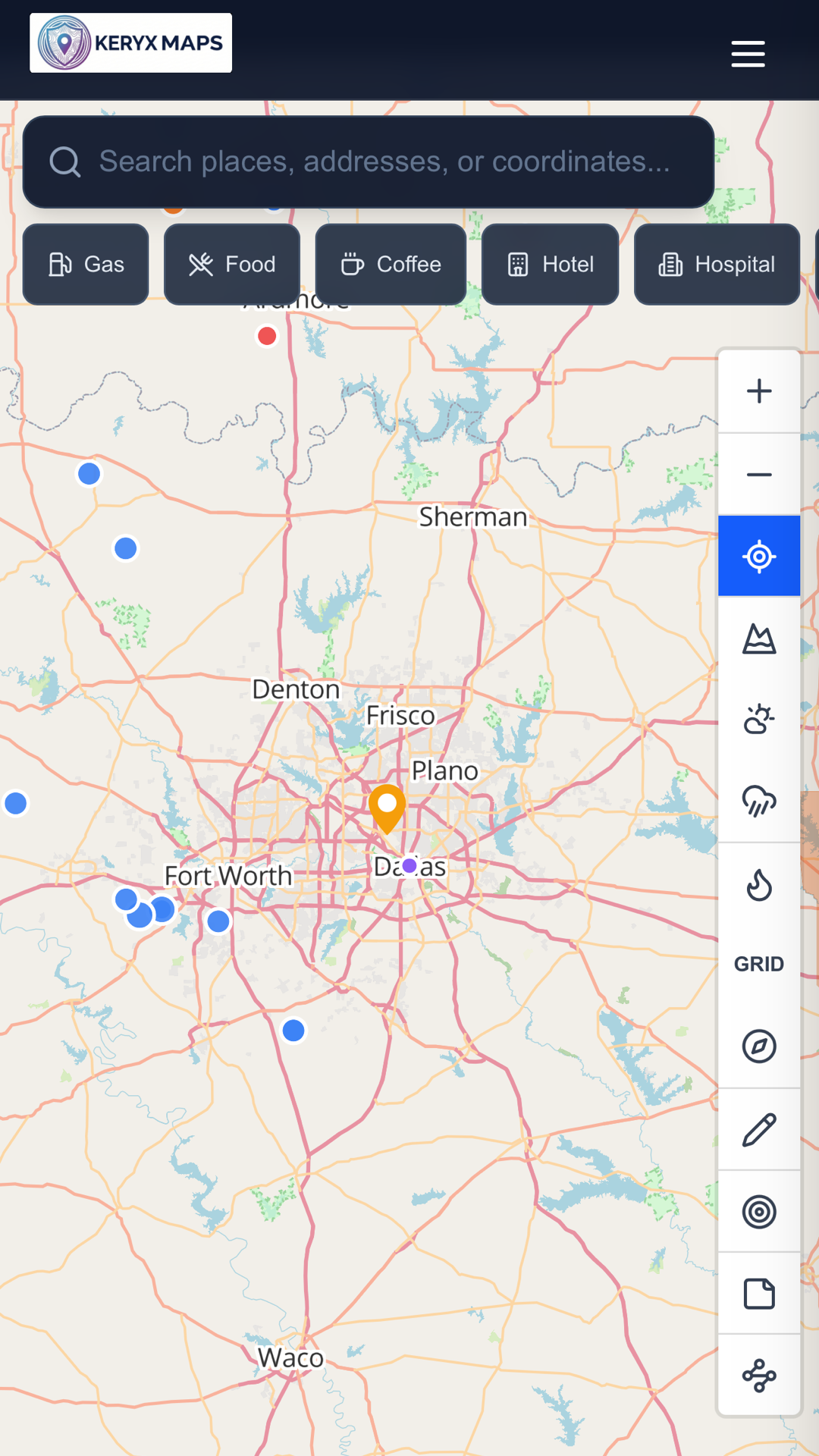 The Keryx Maps phone app map of the Dallas–Fort Worth area with current hazard markers, the search bar, quick searches for gas, food, coffee, hotels and hospitals, and the map controls