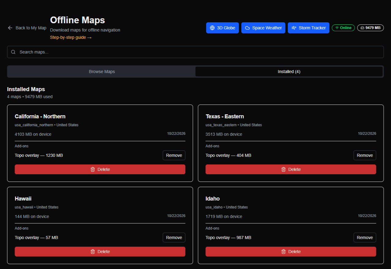 The Offline Maps screen in the Keryx Maps desktop app, listing four downloaded regions with their size on the device and their topo overlay add-ons