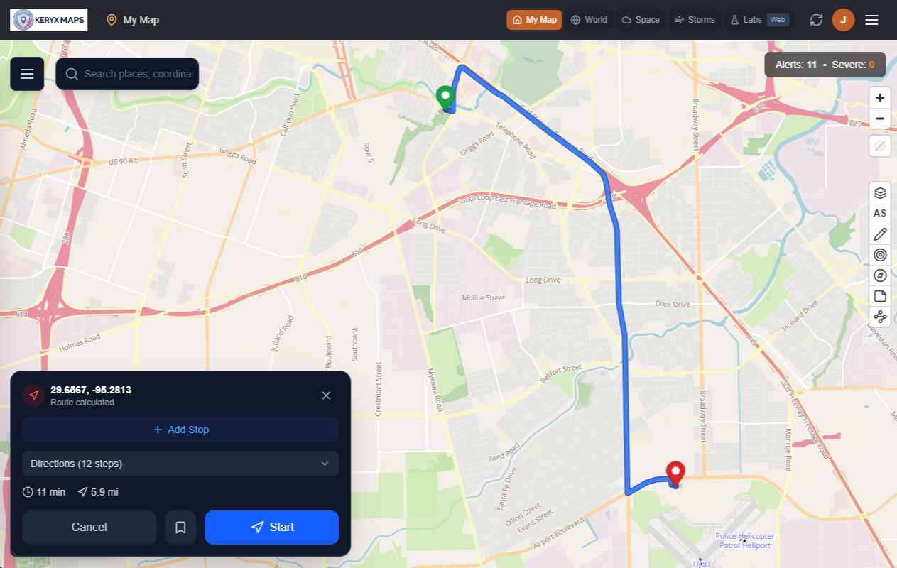A route planned in the Keryx Maps desktop app across southeast Houston to Hobby Airport, 5.9 miles and 11 minutes, with step-by-step directions